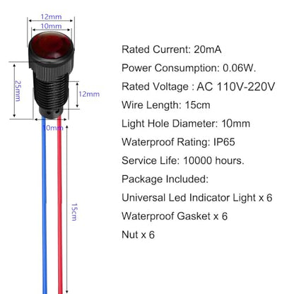 Gebildet 6pcs Red LED Indicator Pilot Light 110VAC Mounting Hole Size 10mm(Flame Retardant Plastic Shell) - color: Red 110-220V/Black shell