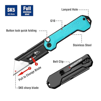 WORKPRO EDC Folding Utility Knife, Mini Box Cutter with Quick Open Axis Lock, Quick Change Blade Razor Knife, Foldable Small Pocket Knife with Belt Clip - color: Blue-g10