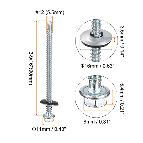 uxcell #12 x 3-9/16" Self Drilling Screws with Rubber Washer, 100pcs Zinc Plated Steel Roofing Screws Hex Head Self Tapping Screws with EPDM Washer for Metal to Metal - size: #12 x 3-9/16"