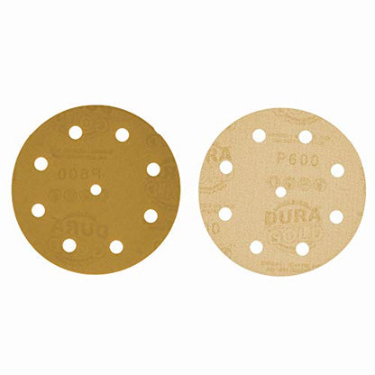 Dura-Gold 5" Gold Sanding Discs, 600 Grit, Box of 50, 9 Hole Pattern, H & L - size: 600-Grit