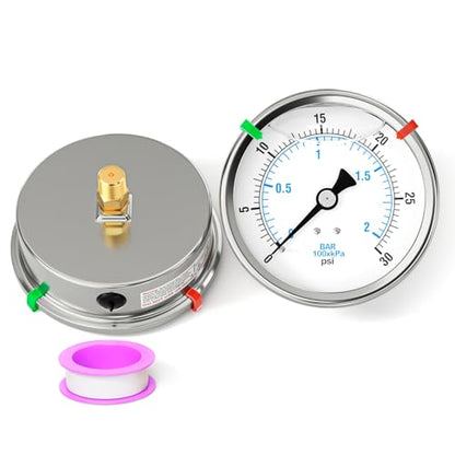 0-30PSI Stainless Steel Liquid Filled Pressure Gauge, 4" Dial Size, 1/4" NPT Back Mount, for Tube, Water Pump, Gas, Liquid, Pressure Test (with Range Mark Pointer) - size: 0-30 psi