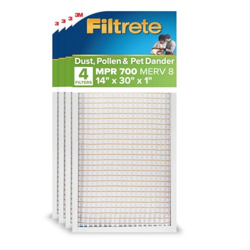 Filtrete 14x30x1 AC Furnace Air Filter, MERV 8, MPR 700, Tough on Pollen, Easy on Airflow, 3-Month Pleated 1-Inch Electrostatic Air Cleaning Filter, 4-Pack (Actual Size 13.813 x 13.813 x 0.8125 in ) - size: 14x30x1