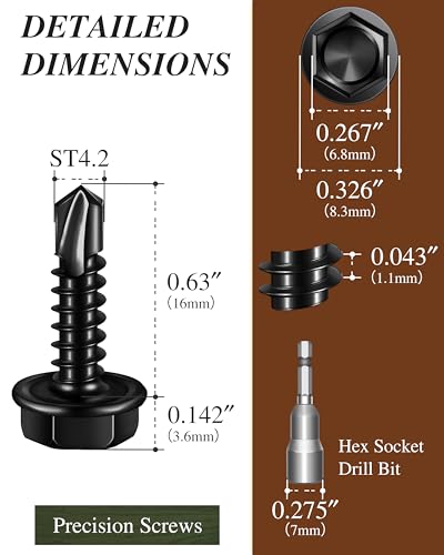 100PCS #8 x 5/8" Self Drilling Screws, Black Self Tapping Screws for Metal, 410 Stainless Steel Hex Washer Head Sheet Metal Screw, Quick Tapping with 7mm Hex Socket - color: Black, size: #8 x 5/8"
