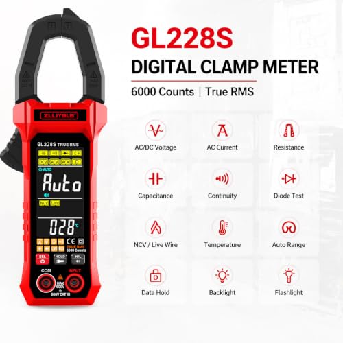 True RMS Digital Clamp Meter 6000 Counts Multimeter, AC/DC Voltage 600A AC Current Tester, NCV Non-Contact Voltage & Live Wire Detector, Auto Range Overload Protection for Home Industrial Repair
