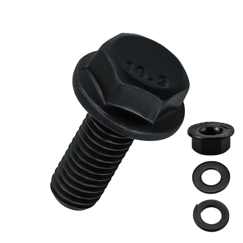 12-Sets M8-1.25 x 30mm Grade 10.9 Flange Hex Bolts + Flange Nut + Flat Washer + Lock Washer Combo Pack, Black Oxide, for Automotive & Machinery - size: M8-1.25 x 30mm