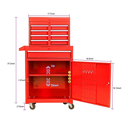 Red 5-Drawer Tool Chest w/Lockable Wheels & Ball Bearings - 100KG Heavy Duty Garage Cabinet, Detachable Top & Adjustable Shelf - Workshop Storage - color: Red, size: 22.95 x 11 x 37.2