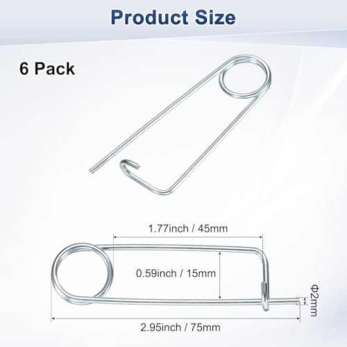 M METERXITY 6-Pack Brooch Shape Cotter Safety Pin, 2x45mm Spring Steel Pins Quick Lock Brooch Fastener for Garden/Lawn/Farm Hook, Heavy Retainer Clips - size: 2x45mm