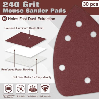 30 Pcs Mouse Sander Pads 240 Grit 6 Hole Hook and Loop Sandpaper for Detail Sander Sanding Disc - style: 240 Grit