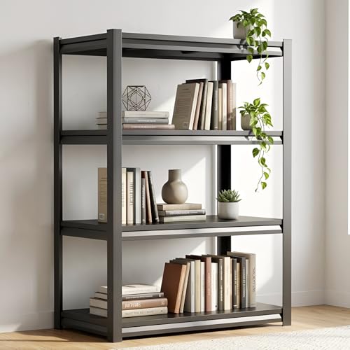 4 Tier Metal Bookshelf, Industrial Bookcase with Sturdy Steel Frame & Office Shelves, 1200LBS Display Shelving, Adjustable Utility Shelf Organizer for Living Room, Bedroom, Easy Assembly, Black - size: 4-Tier 35.5"W x 16"D x 54"H
