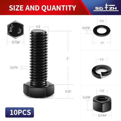 1/2-13 x 2 Hex Head Screw Bolt, Nuts, Flat & Lock Washers, 10Pcs 18-8 (304) Stainless Steel, Fully Threaded, Black Oxide by SG TZH - size: 1/2-13 x 2"