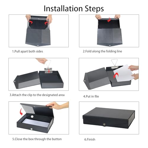 6 Pack Foldable Plastic Box Files A4 with Metal Clip（Black） - color: black, size: with clip