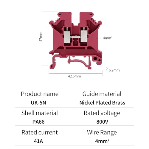 100pcs Red UK-5N Din Rail Wire Terminal Blocks Ground Wide Application for 800V 41A 24-10AWG 4mm Electrical Distribution Box Connector Screw Solar Power System Project PLC Industrial Control - color: 100pcs Red UK5N
