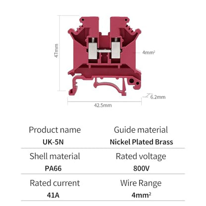 100pcs Red UK-5N Din Rail Wire Terminal Blocks Ground Wide Application for 800V 41A 24-10AWG 4mm Electrical Distribution Box Connector Screw Solar Power System Project PLC Industrial Control - color: 100pcs Red UK5N