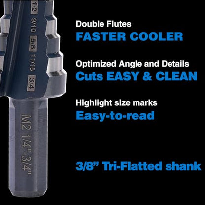M2 HSS Step Drill Bit Unibit, 1/4"-3/4", Metal Wood Plastic - size: 1/4" to 3/4"