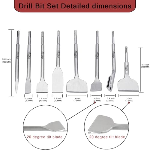 8 pcs SDS Plus Chisel Set, Masonry Concrete Drill Bit Set, Tile Removal Chisel Bits for Rotary Hammer with Point Flat Wide Tile Inclined Grooving Scraping Scaling Chisels - size: 8 PCS