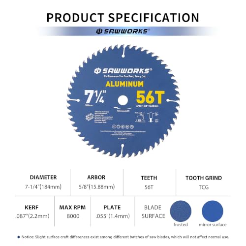 SawWorks 7-1/4" Multi-Purpose Circular Saw Blade for Aluminum & Plastic - size: 7-1/4 Inch 56T