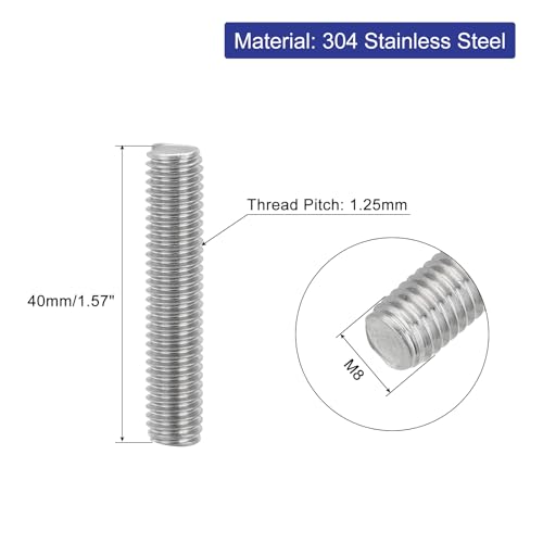 uxcell 8Pcs Fully Threaded Rod, M8 x 40mm 304 Stainless Steel Right Hand Thread Bar Studs M8-1.25 Thread Pitch for Furniture Machinery Assembly - size: M8 x 40mm