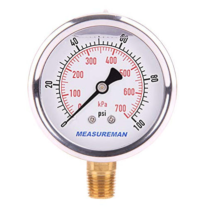 MEASUREMAN Pressure Gauge 1/4 NPT, 0-100psi/kPa Glycerin Filled Pressure Gauge with 2.5 Inch Dial Size and 304 Stainless Steel Case (0-100 psi, Lower Mount) - size: 0-100 psi, style: Lower Mount