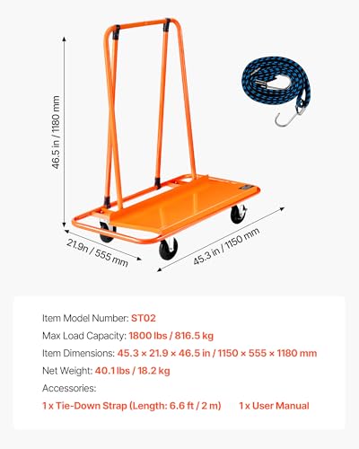 VEVOR Heavy-Duty Panel Dolly, Drywall Cart Features 45.28" x 21.8" Deck & 5" Swivel Wheels, Drywall Sheet Cart, Handling Wall Panel, Sheetrock, Lumber, Ideal for Garage, Home, Warehouse