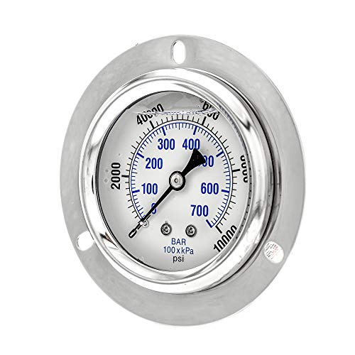 PIC Gauges PRO-204L-254U Panel Mount Front Flanged Glycerin Filled Industrial Pressure Gauge w/ SS Case, Brass Internals, Plastic Lens, 2.5" Dial, 0/10000 psi Range, 1/4" Male NPT - style: 0 - 10,000 PSI