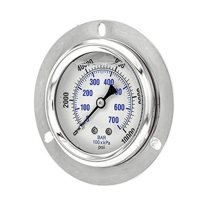 PIC Gauges PRO-204L-254U Panel Mount Front Flanged Glycerin Filled Industrial Pressure Gauge w/ SS Case, Brass Internals, Plastic Lens, 2.5" Dial, 0/10000 psi Range, 1/4" Male NPT - style: 0 - 10,000 PSI