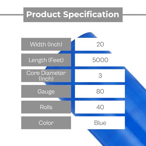 PSBM 40 Rolls 20 Inch x 5000 Feet 80 Gauge Blue Machine Stretch Film/Wrap, Heavy Duty Industrial Strength Shrink Plastic Wrap for Moving, Packing, Shipping, Pallet Wrapping & Storage - color: Blue, size: 40 Rolls