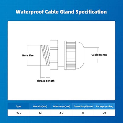 Cable Gland 20 Pack Plastic Waterproof Adjustable Connector 3-7mm PG7 Strain Relief Cord Connectors Joints Nylon with Gaskets - size: PG7(20-pack)