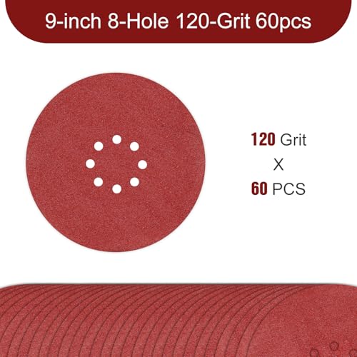 9 inch Sanding Discs 120 Grit 8 Holes Hook and Loop Sandpaper for Drywall Sander 60Pack - style: 120 Grit