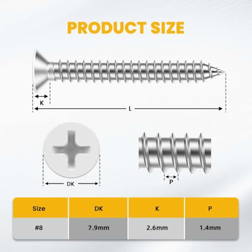#8 x 1-1/2" Flat Head Wood Screw, Sheet Metal Screws, Stainless Steel 18-8 (304), White Head, 100 PCS - color: White Head, size: #8 x 1-1/2"