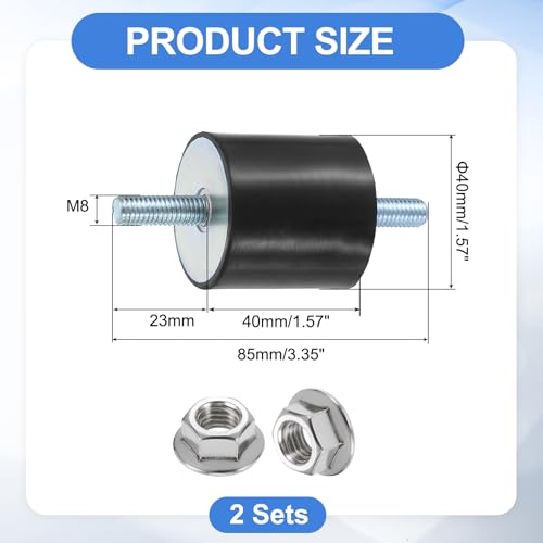 uxcell 2Pcs M8 x 23mm Rubber Mounts, 40 x 40mm Cylindrical Anti Vibration Isolator Studs Shock Absorber Double Studs with Nuts for Car Bobbin Generator Air Compressors - size: M8 x 23mm, 40 x 40mm