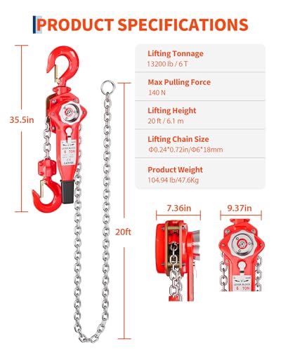 Manual Chain Hoist 6 Ton 13200 Lbs, 20FT Lever Block with 360° Swivel Chain, Weston Dual Pawl Brake, Overload Protection for Lifting & Pulling - size: 6T 20FT