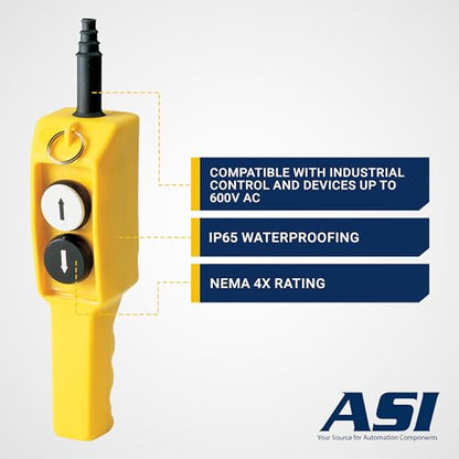 ASI P02.1 2-Button Ergonomic Grip Pendant Station, 600 Volt Maximum Operating Voltage, 1NO/1NC Contact, Up-Down Arrows, Waterproof, Shock-Proof
