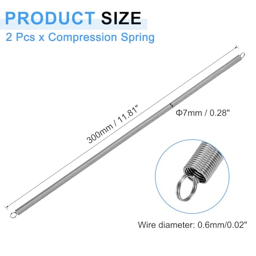 uxcell 2Pcs Extension Springs, 0.6x7x300mm/0.02x0.28x11.81in 304 Stainless Steel Extended Compression Spring Steel Dual Hook Tension Springs for Machinery Construction Home Repairs - size: 0.6x7x300mm