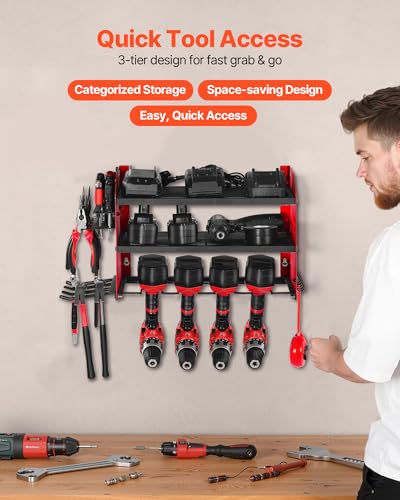 VEVOR Power Tool Organizer Wall Mount, 3-Layer Storage Rack with 4 Drill Holders, Tools Holder and Storage Rack with Side Pegboards, Garage Tool Organizer for Garage, Workbench, and Workshop - size: 3-Layer 4 Drill
