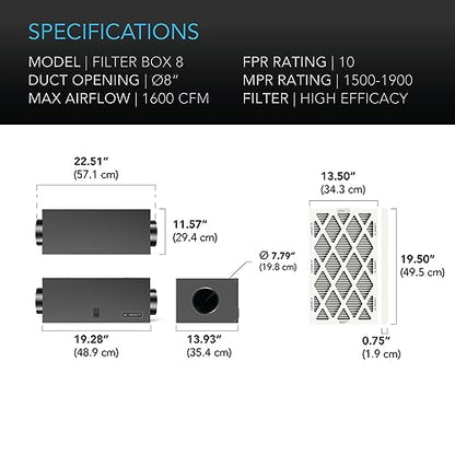 AC Infinity Inline Filter Box 8" with High Efficacy Filter - size: 8" Duct Opening