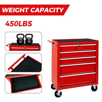 5-Drawer Lockable Rolling Tool Chest, Red - color: Red, style: 5 drawer
