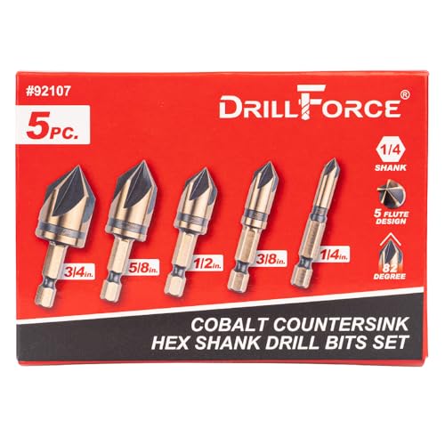 Cobalt Countersink Drill Bits Set(5PCS), M35 HSSCO 82 Degree 5 Flutes,1/4 Inch Quick Change Hex Shank for Stainless Steel, Metal, Wood, Carbon Steel 1/4'' 3/8'' 1/2'' 5/8'' 3/4''