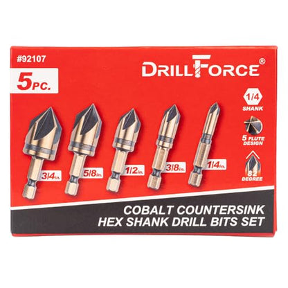 Cobalt Countersink Drill Bits Set(5PCS), M35 HSSCO 82 Degree 5 Flutes,1/4 Inch Quick Change Hex Shank for Stainless Steel, Metal, Wood, Carbon Steel 1/4'' 3/8'' 1/2'' 5/8'' 3/4''