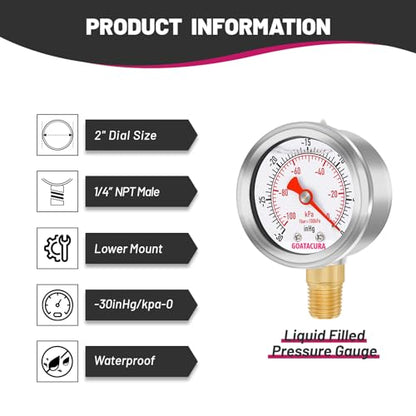 -30inHg/kpa-0 Glycerin Filled Vacuum Pressure Gauge, 2" Dial Size, 304 Stainless Steel Case, 1/4" NPT Lower Mount, with High Accuracy - size: -30inHg-0, style: Lower Mount