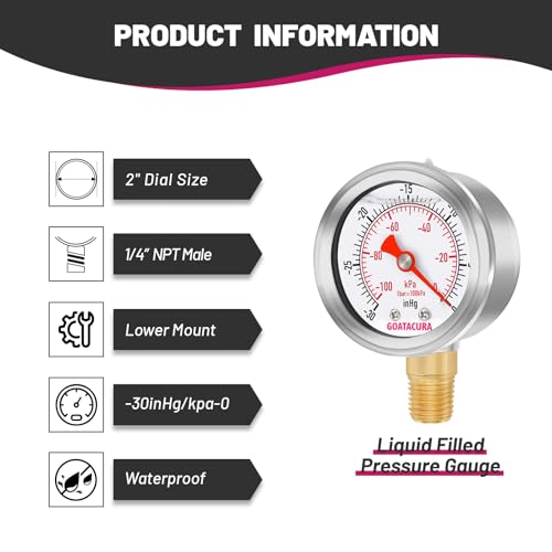 -30inHg/kpa-0 Glycerin Filled Vacuum Pressure Gauge, 2" Dial Size, 304 Stainless Steel Case, 1/4" NPT Lower Mount, with High Accuracy - size: -30inHg-0, style: Lower Mount