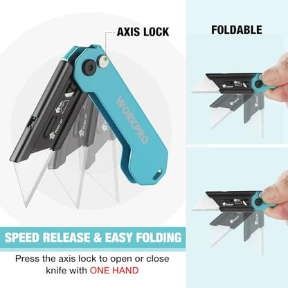 WORKPRO EDC Folding Utility Knife, Mini Box Cutter with Quick Open Axis Lock, Quick Change Blade Razor Knife, Foldable Small Pocket Knife with Belt Clip - color: Blue