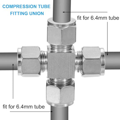 PATIKIL 304 Stainless Steel Cross Compression Tube Fitting 6.4mm, 1/4" ID, Pipes Adapter for Water Garden Irrigation System, Silver - size: 0.25 Inch