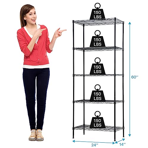 Meet perfect 5-Tier Wire Shelving Unit, 750lb, 24 x 14 x 60 in, Black - color: Black, size: 5-Tier, 60"H × 24"W × 14"D