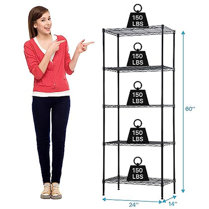 Meet perfect 5-Tier Wire Shelving Unit, 750lb, 24 x 14 x 60 in, Black - color: Black, size: 5-Tier, 60"H × 24"W × 14"D