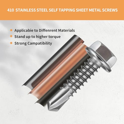 Self Drilling Screws for Metal,#12 x 1-1/4" (80Pcs),Hex Washer Head 410 Stainless Steel,Self Tapping - size: #12 x 1-1/4''