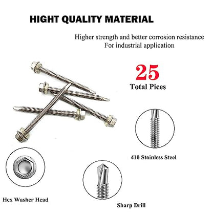 #12x2-1/2 Hex Washer Head Self Drilling Screws, 410 Stainless Steel, Self Tapping Sheet Metal Tek Screws, 25 PCS - size: 25 Pcs #12x2-1/2