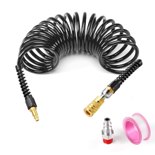 GASHER 1/4" x 10FT Reinforced Polyurethane Recoil Air Hose with Bend Restrictor, Air Hose kit With 360°Swivel Coupler, 1/4" Industrial Quick Coupler and Plug(Black) - color: Black 10FT, size: 1/4（I/M)