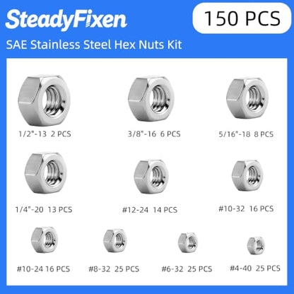 Hex Nuts Kit, 304 Stainless Steel 18-8 (A2-70) Hardware Nuts Assortment Kit for Mechanical Repair & Assembly, Silver, [#4#6#8#10-24#10-32#12 1/4" 5/16" 3/8" 1/2"](150PCS) - size: 150PCS,#4,#6,#8,#10,#10,#12,1/4",5/16",3/8",1/2"