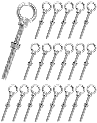 QWORK M10×100mm Stainless Steel Shoulder Eye Bolts – 20 Pack 3/8" x 4" Threaded Eyebolts, Metric Thread Anchors for Lifting, Rigging & Mounting - color: 20 Pack, size: 3/8" x 4"