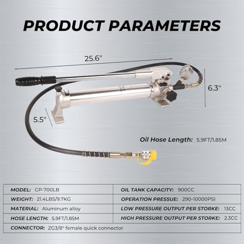 900cc Hydraulic Hand Pump 10000Psi Single Acting Manual Hydraulic Lifting Pump CP-700LB Hydraulic Lifting Pump with Pressure Guage - color: CP-700LB, Aluminum Alloy Hand Pump